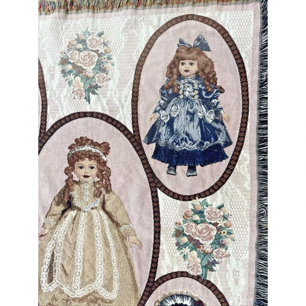 Vintage Victorian Porcelain Doll Woven Tapestry Throw Blanket Fringe 64x49